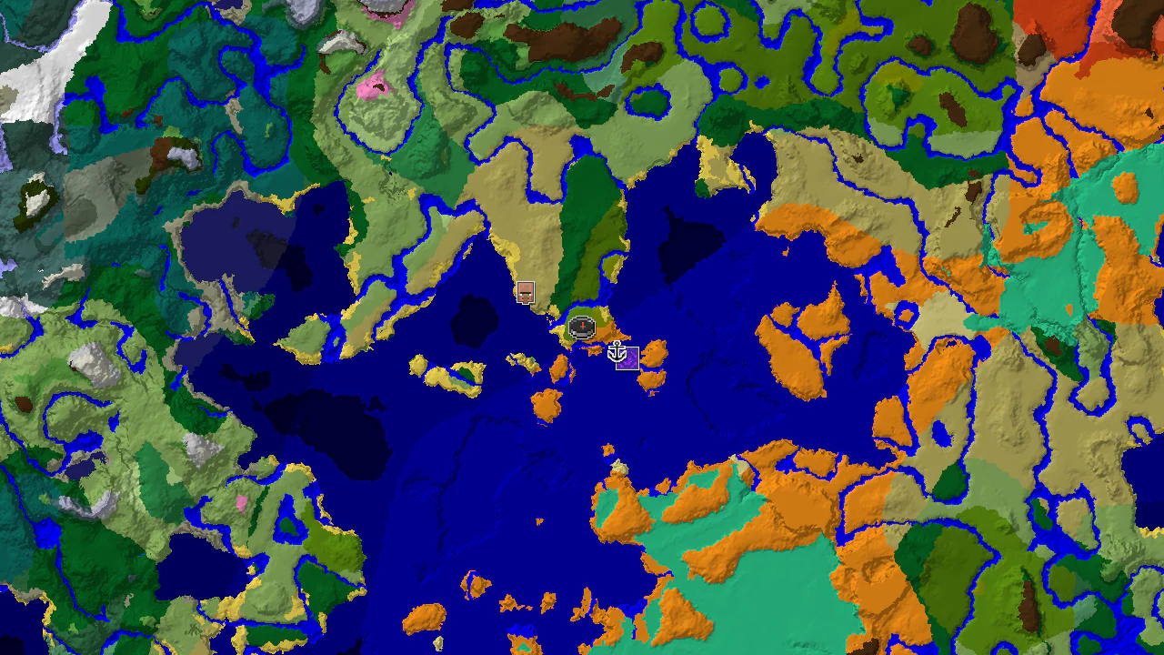 A 2D top-down biome map centered on spawn, showing sparse jungle, desert, and warm ocean, with markers for a shipwreck, ruined portal, and village.