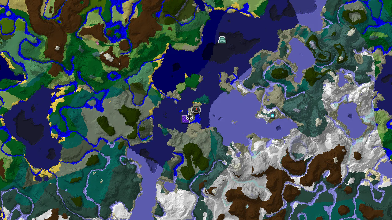A 2D biome map centered on spawn, showing Taiga, Cold Ocean, and Frozen Ocean biomes with markers for a Shipwreck and Ruined Portal.