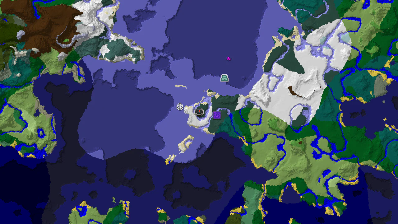 A 2D biome map centered on the spawn point, showing icy oceans and snowy biomes, with markers for nearby structures.