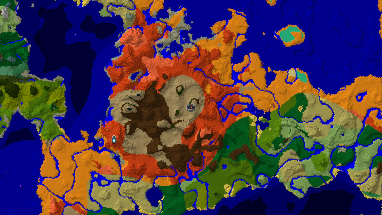 A top-down 2D biome map centered on spawn, showing Wooded Badlands, Badlands, and Desert biomes, with a spawn marker and an Ancient City marker to the west.