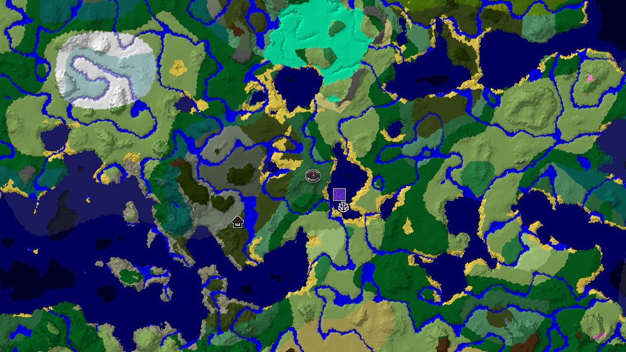 A top-down 2D biome map centered on spawn, showing a spawn marker, a Ruined Portal marker, and a Woodland Mansion marker.