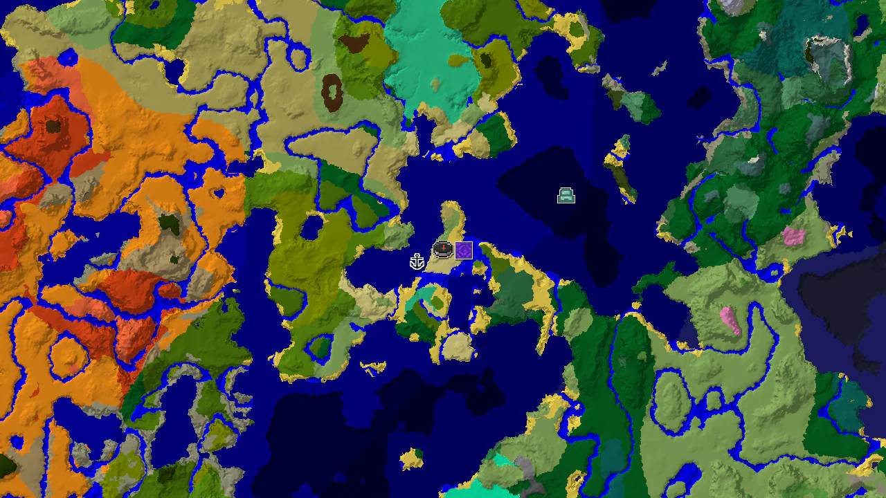 A 2D top-down biome map centered on spawn, showing Windswept Savanna, Plains, and Lukewarm Ocean, with markers for a Ruined Portal and Shipwreck.