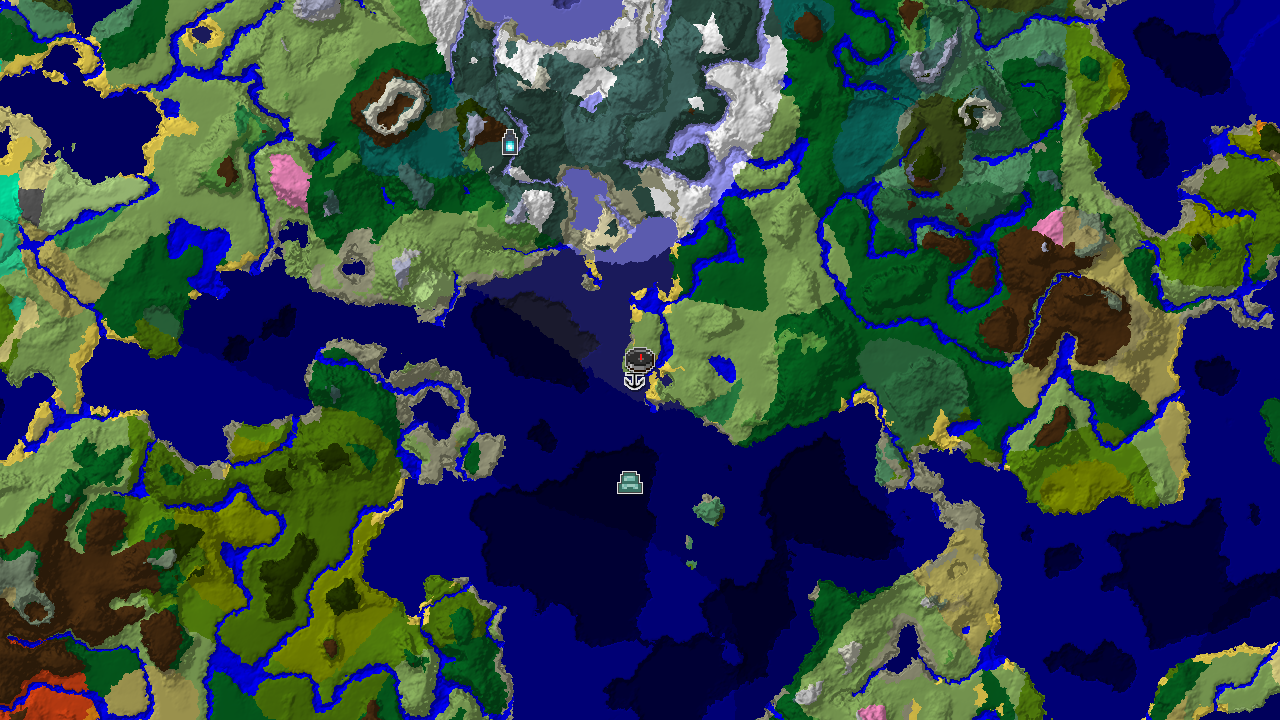 A top-down 2D biome map centered on spawn, showing a Beach spawn with nearby Plains and Ocean biomes, and markers for a shipwreck and an ocean monument.
