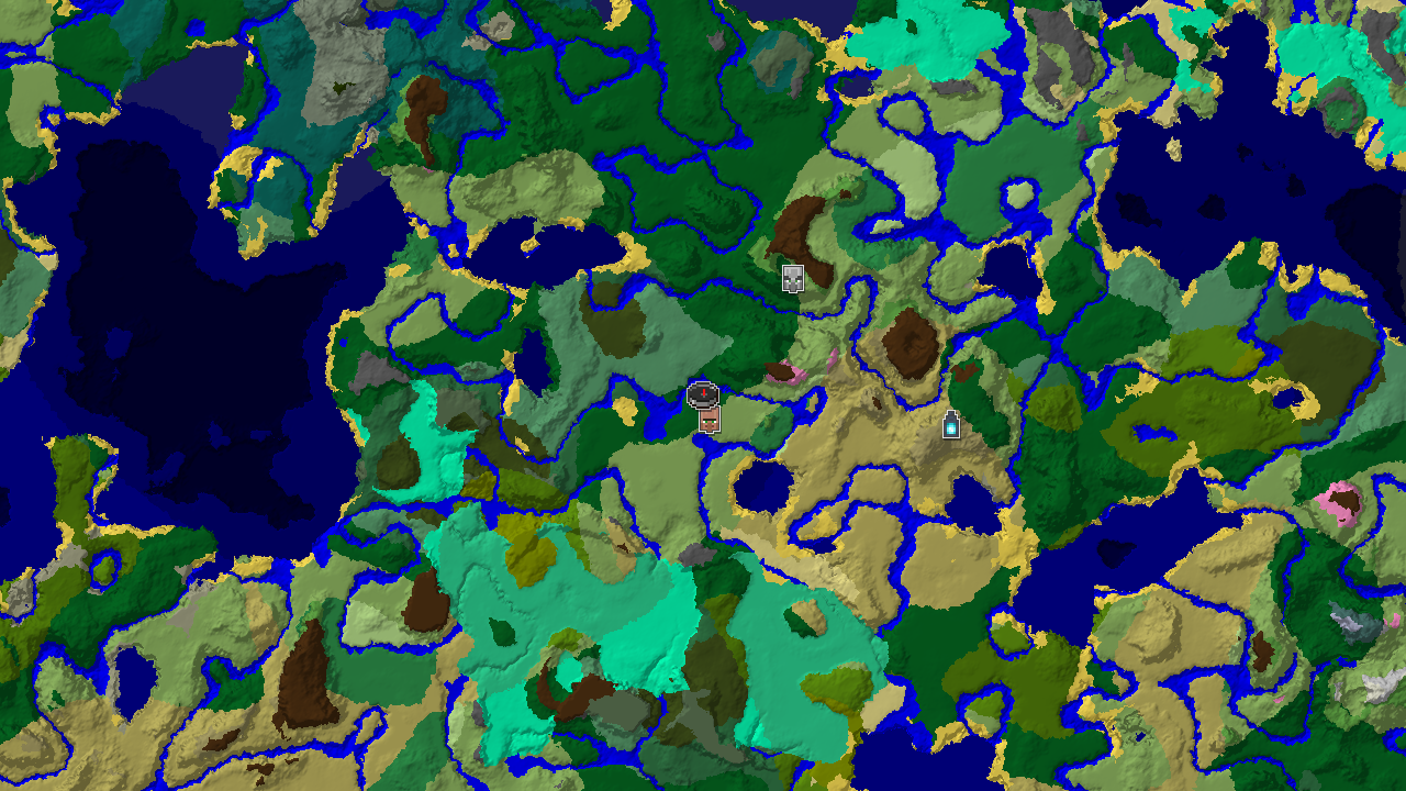 A 2D top-down biome map centered on the spawn point, showing markers for a village and other nearby structures.