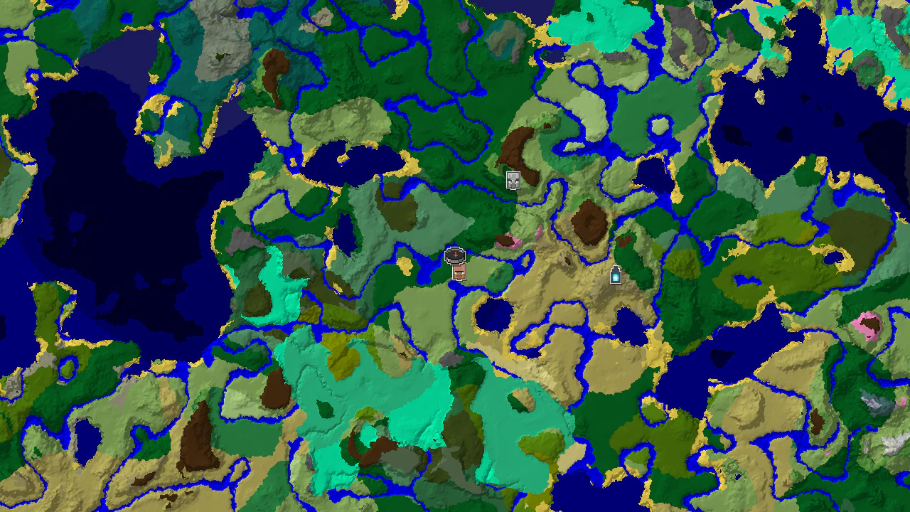 A 2D top-down biome map centered on the spawn point, showing markers for a village and other nearby structures.