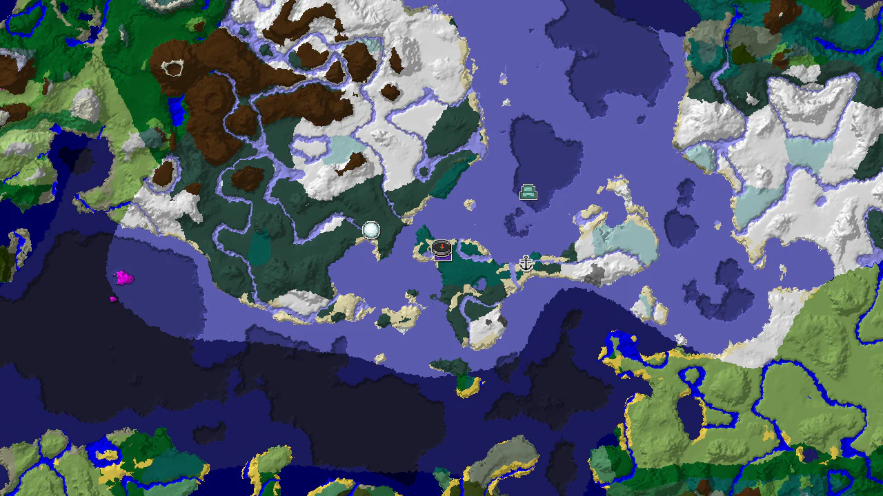 A 2D biome map centered on spawn, showing a taiga spawn with nearby frozen ocean and snowy taiga biomes. Markers indicate a ruined portal and an ocean monument.