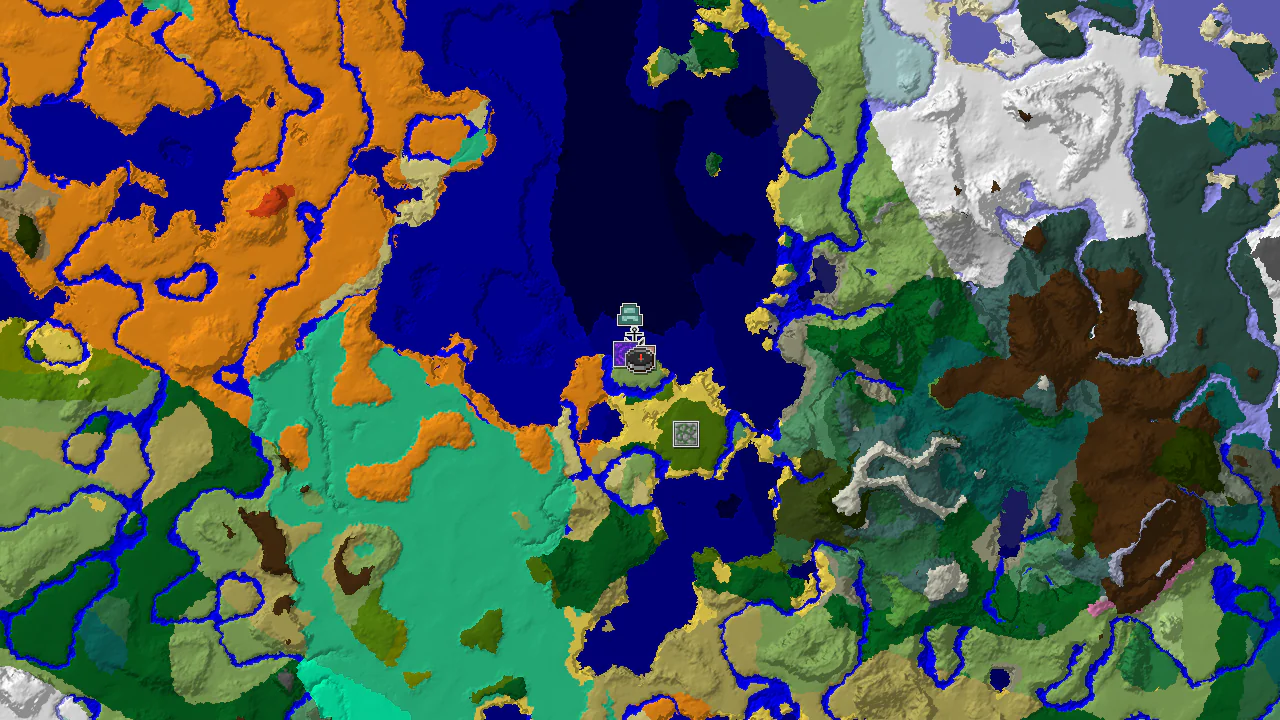 A top-down 2D biome map centered on the spawn point, indicating nearby villages, a ruined portal, and a shipwreck.