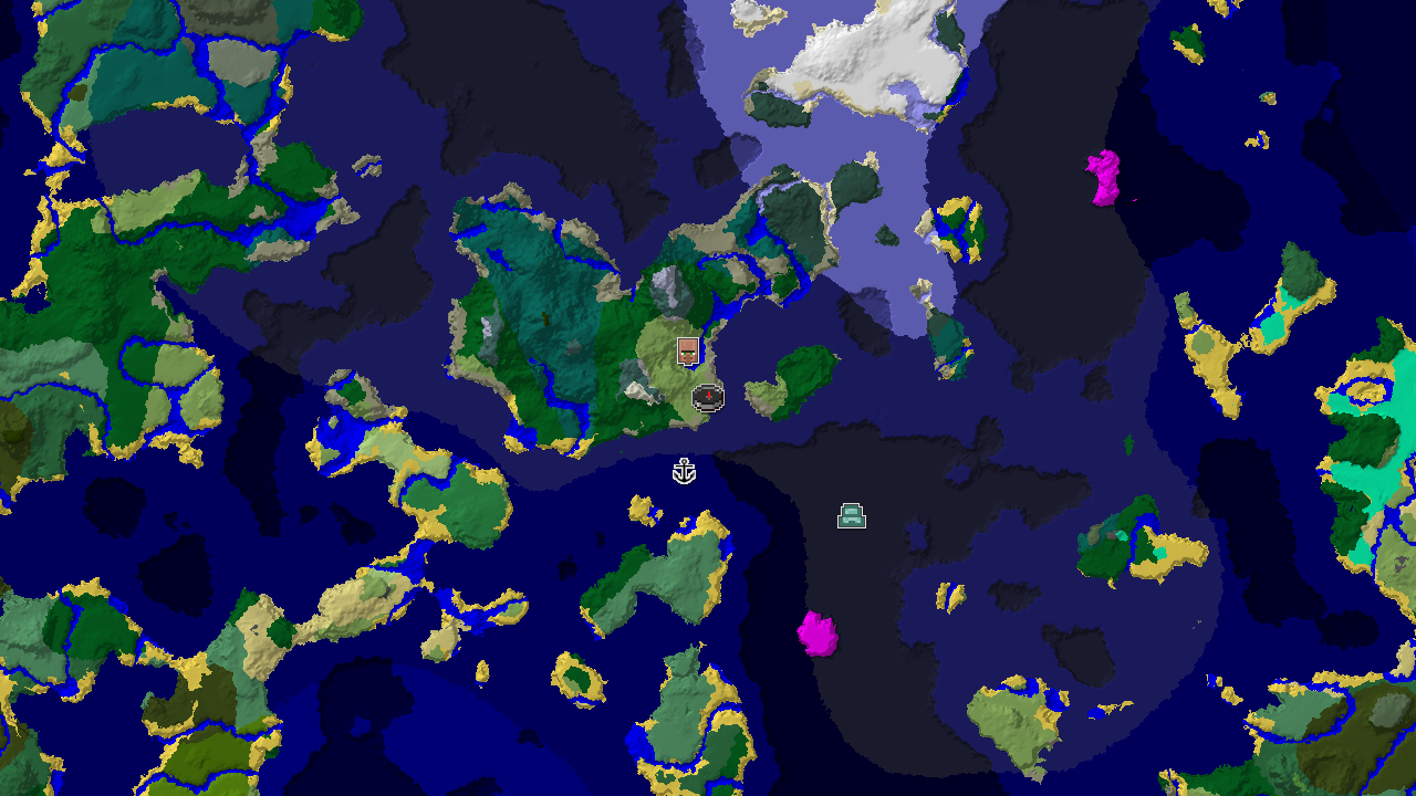 A top-down 2D biome map centered on the spawn point, with markers for a nearby village and other structures.