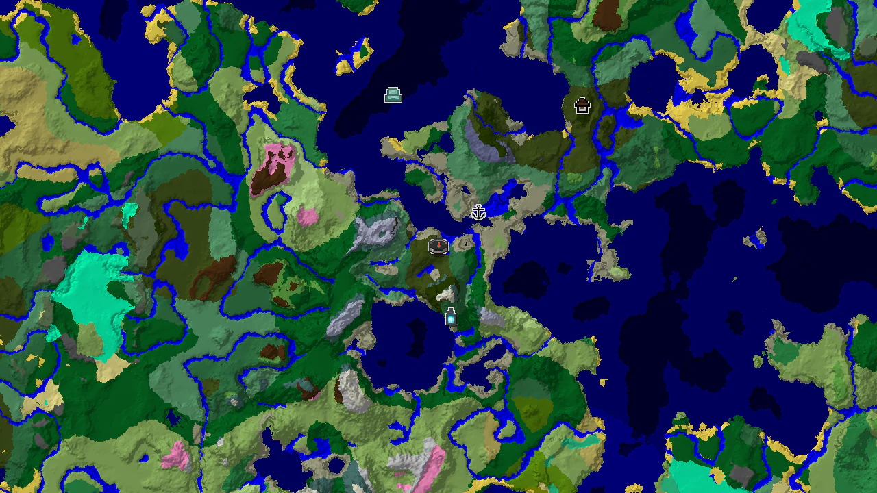 A 2D biome map centered on spawn, showing dark forest, ocean, and forest biomes, with markers for an ancient city and shipwreck.