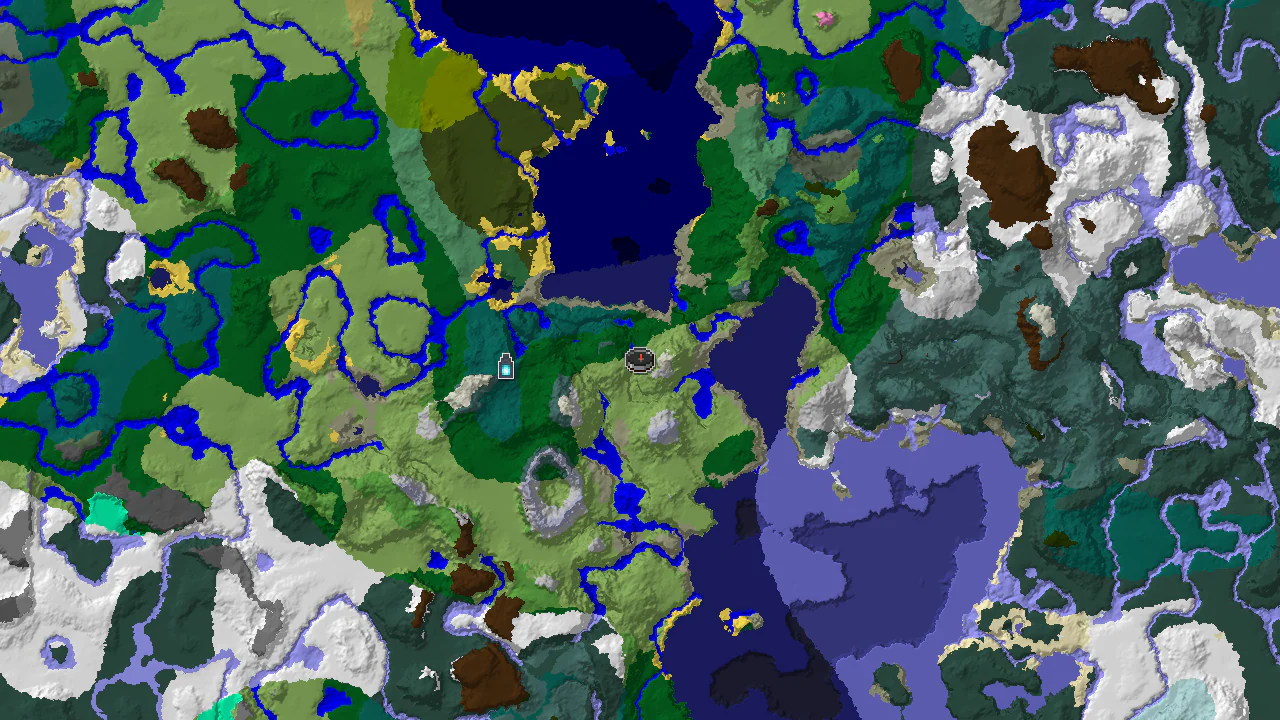 A top-down 2D biome map centered on the spawn point, showing nearby plains, forest, and snowy biomes, with a marker for an Ancient City.
