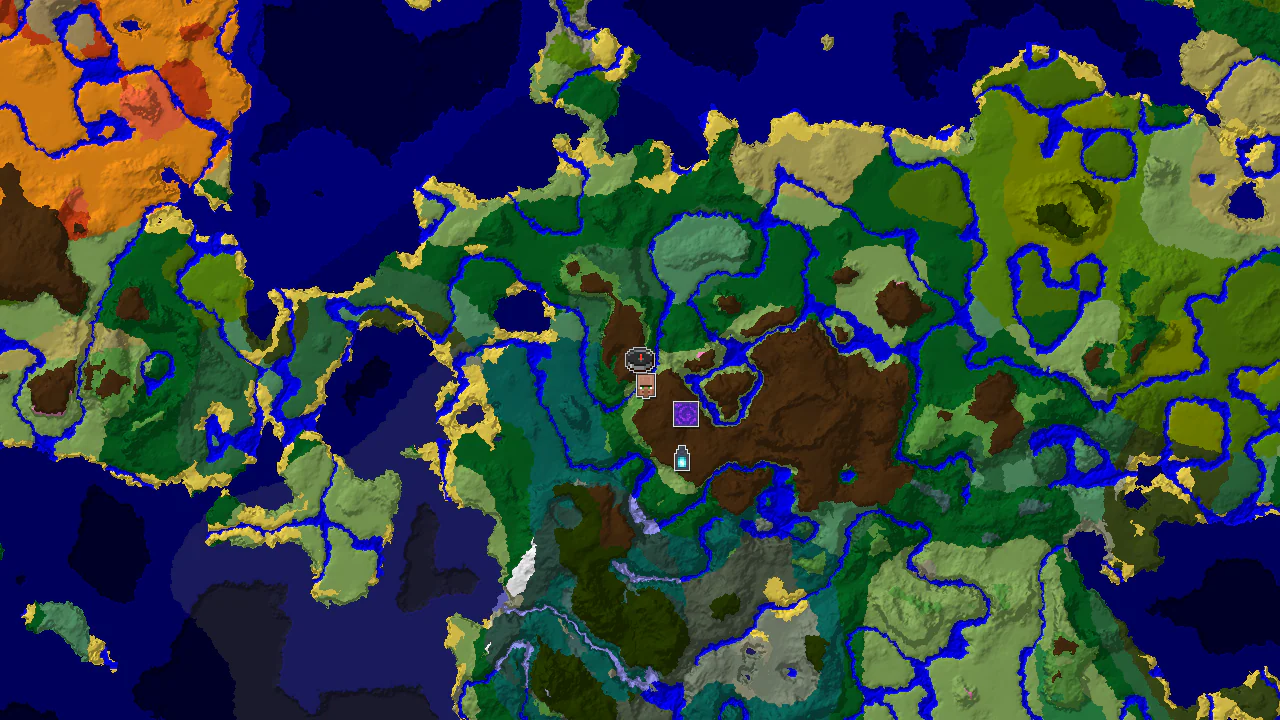 A 2D top-down biome map shows a meadow spawn point surrounded by forest, plains, and river biomes, with markers for a nearby village, ruined portal, and a more distant ancient city.