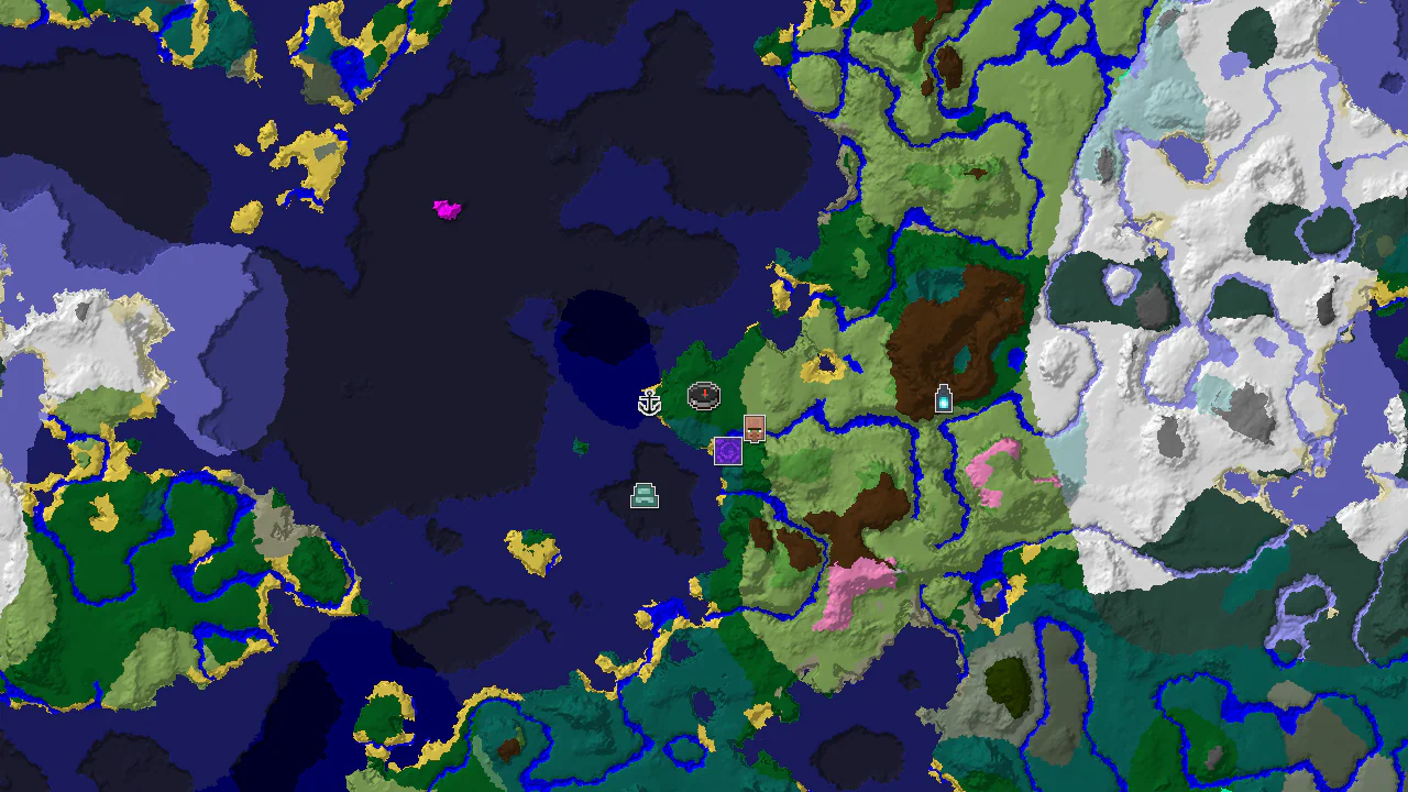 A top-down 2D biome map centered on spawn, showing forest, cold ocean, plains, and river biomes, with markers for a village, ruined portal, and shipwreck.