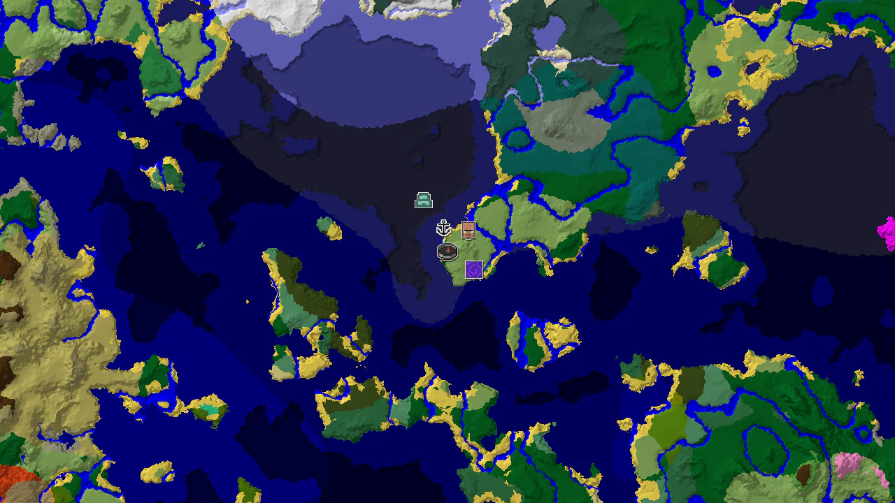 A 2D biome map centered on the spawn point, showing nearby structures like a village, shipwreck, and ruined portal.