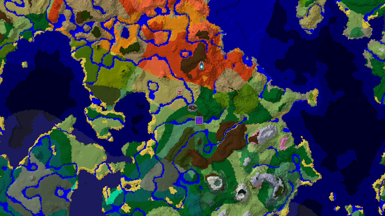 A 2D biome map centered on spawn, showing a Forest biome, with markers for a nearby village, ruined portal, and a more distant ancient city.