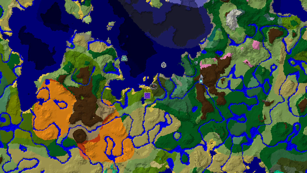 A top-down 2D biome map centered on the spawn point, with markers for a ruined portal, shipwreck, and ocean monument.