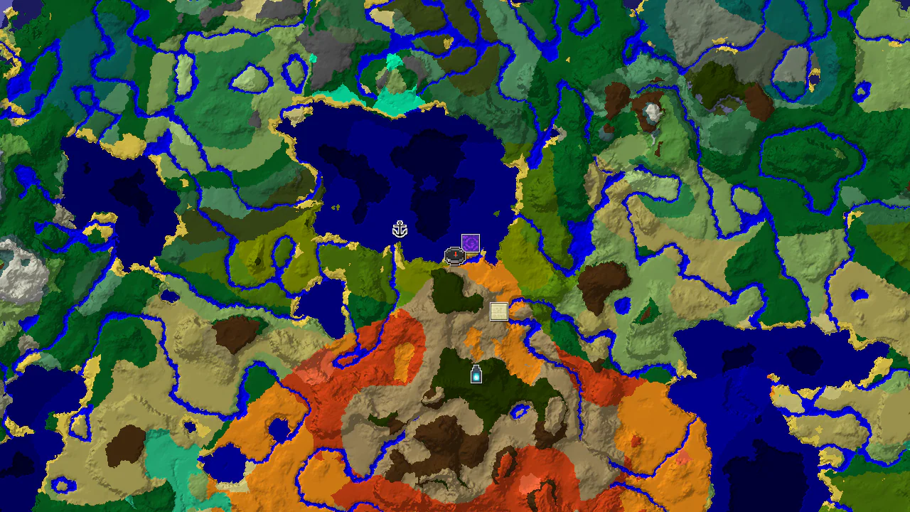A top-down 2D biome map centered on spawn, showing jungle, desert, and badlands, with markers for a ruined portal and an ancient city.