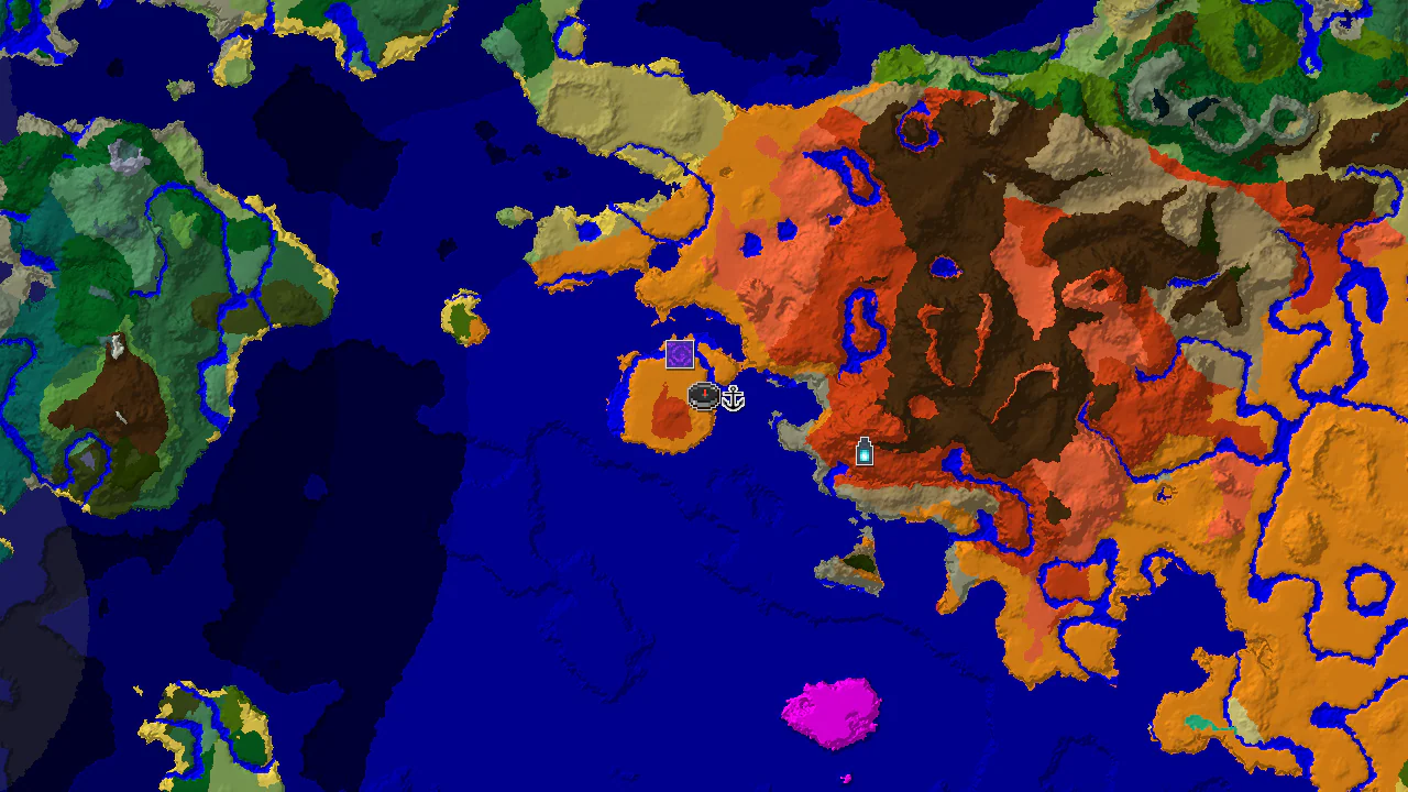 A 2D biome map centered on spawn, showing Desert, Warm Ocean, and Badlands, with markers for a Shipwreck, Ruined Portal, and Ancient City.