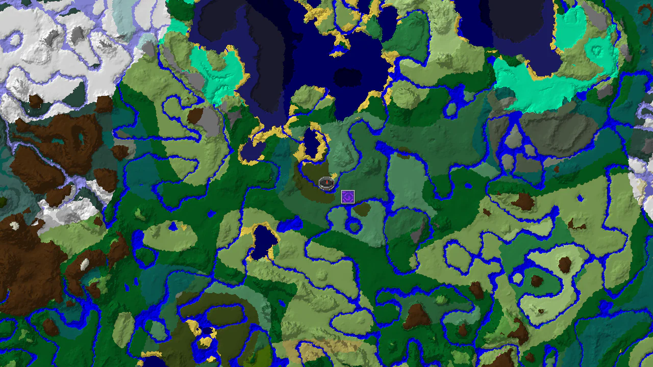 A top-down 2D biome map centered on spawn, showing a Dark Forest at spawn, a nearby river, and a Ruined Portal marker.