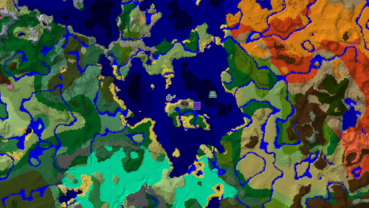 A 2D biome map centered on the spawn point, showing Plains, Forests, and Oceans with markers for a Ruined Portal and Shipwreck.
