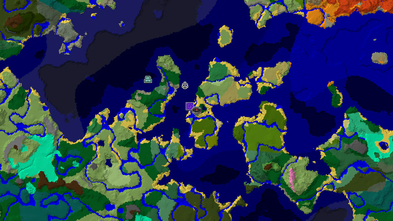 A 2D top-down biome map centered on the spawn point, showing forest, ocean, and river biomes with markers for a ruined portal and ocean monument.