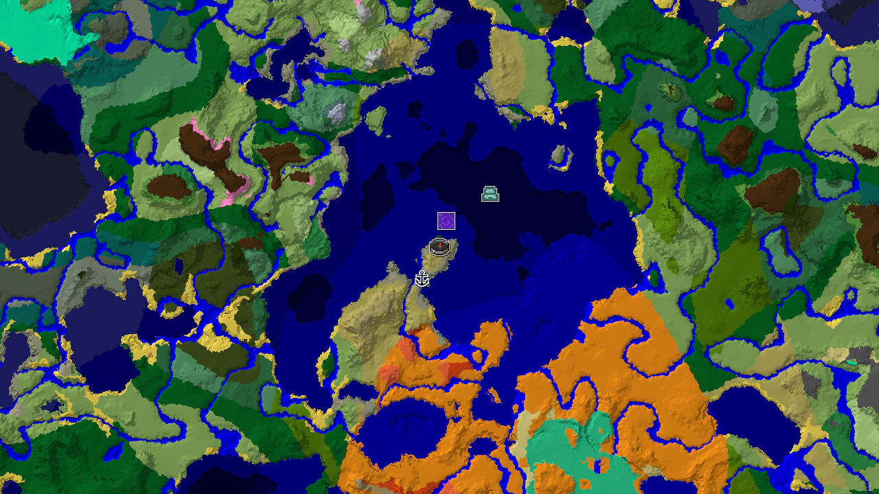 A top-down 2D biome map centered on spawn, showing savanna, ocean, and forest, with markers for structures.