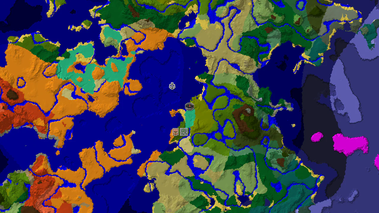 A 2D biome map centered on the spawn point, showing Bamboo Jungle, Warm Ocean, and Desert biomes, with markers for a Jungle Temple and a Shipwreck.