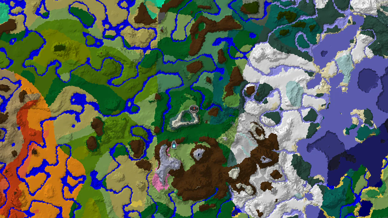 A 2D top-down biome map centered on spawn, showing a Grove biome at spawn with a marker for an Ancient City to the southwest.