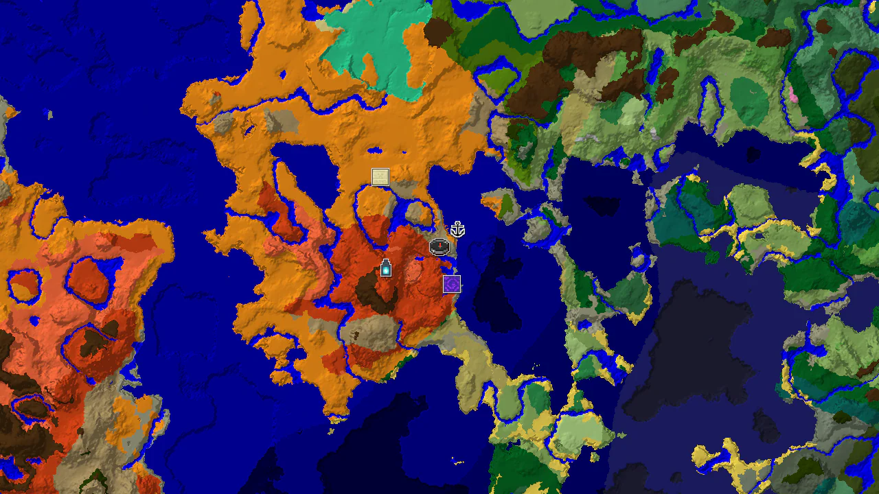 A 2D biome map centered on spawn, showing Wooded Badlands, Desert, and oceans, with markers for a shipwreck and an ancient city.
