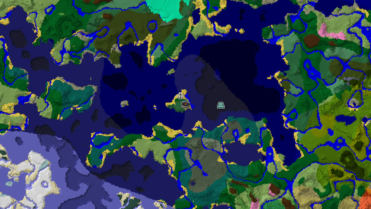 A 2D biome map centered on spawn, showing a large taiga biome blending into cold and deep oceans, with markers for a shipwreck and an ocean monument.