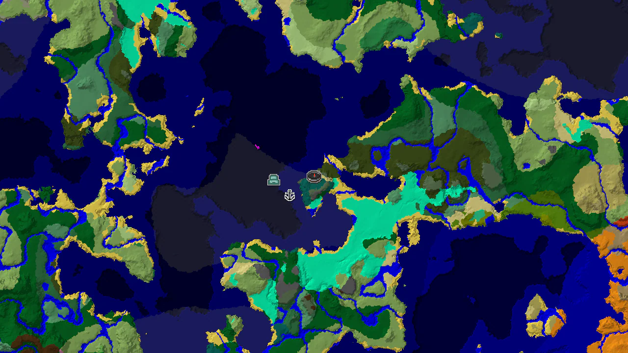 A 2D map of Minecraft seed -3546630114636192570, centered on the spawn point at (8, 8), showing nearby biomes and structure markers.