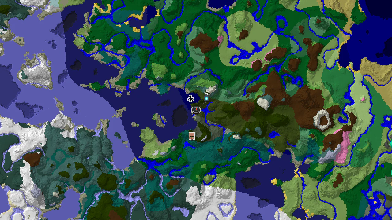 A 2D biome map centered on spawn in a Dark Forest, showing nearby ocean, taiga, and various structure markers.