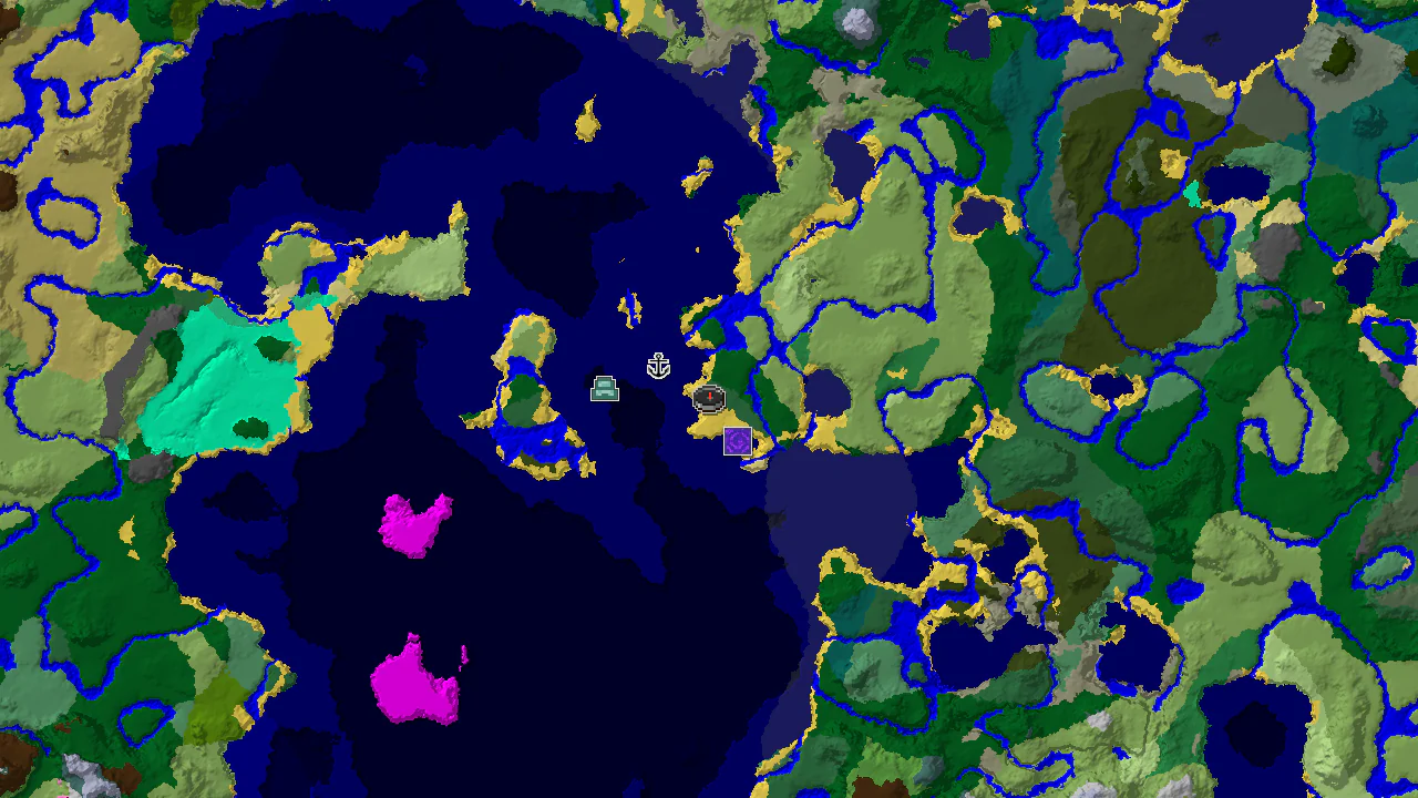 A 2D top-down biome map centered on spawn, showing a large ocean area with nearby beach, forest, and plains biomes, with markers for a ruined portal, shipwreck, and ocean monument.
