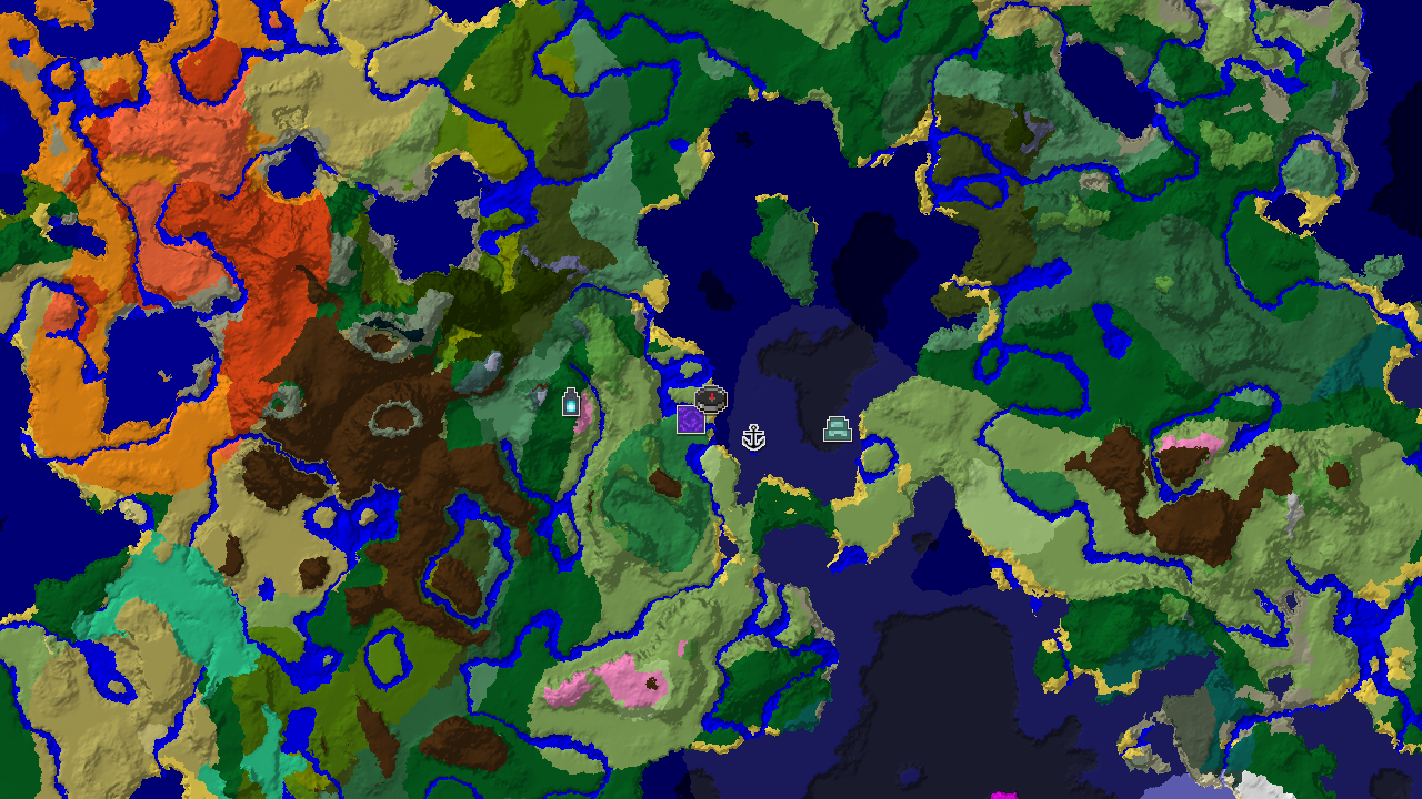 A 2D map centered on the spawn point, showing nearby biomes including Plains, Ocean, and Flower Forest, with markers for a ruined portal, shipwreck, and ancient city.