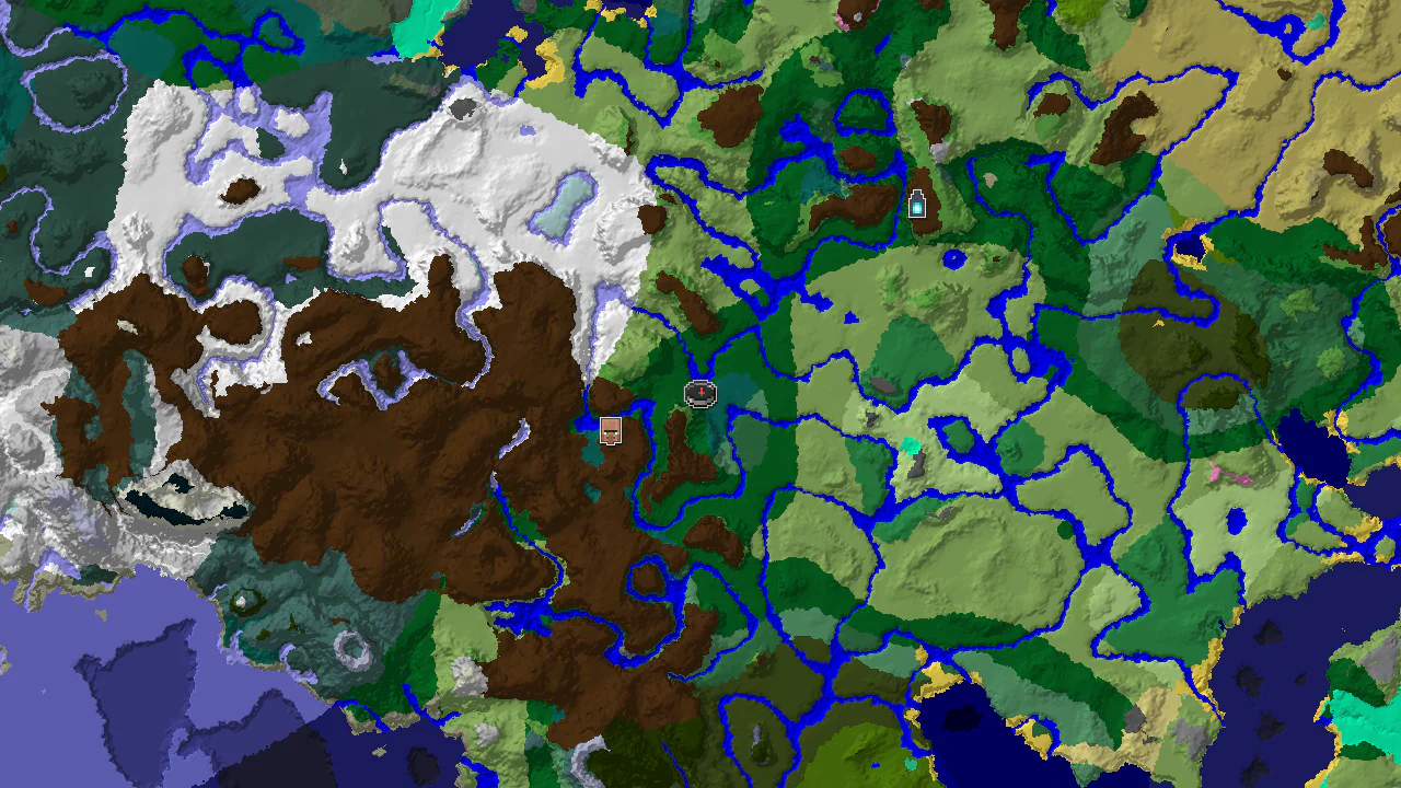 A top-down 2D biome map centered on the spawn point, showing markers for the spawn location, a nearby village, and an ancient city.