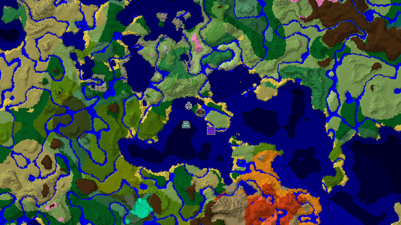 A 2D biome map centered on the spawn point, highlighting Forest, Ocean, and Lukewarm Ocean biomes, with markers for a shipwreck and ocean monument.