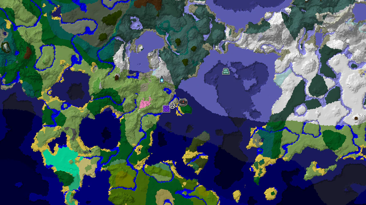 A 2D biome map centered on the spawn point, showing forest, cold ocean, and frozen ocean biomes, with markers for a shipwreck and an ancient city.