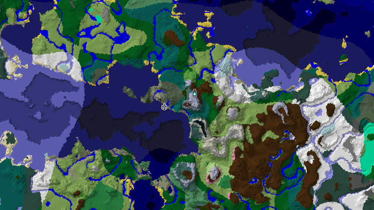A 2D biome map centered on spawn, showing a large Taiga area with nearby Mountains and a Cold Ocean, and markers for a Ruined Portal and an Ancient City.