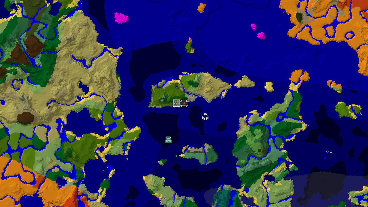 A 2D biome map centered on the spawn point, showing nearby jungles, oceans, and structure markers for a Jungle Temple and an Ocean Monument.