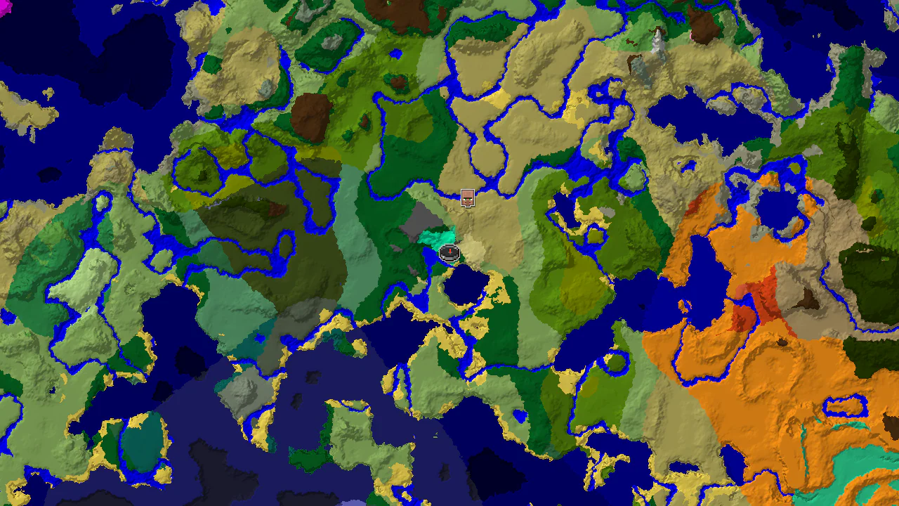 A top-down 2D biome map centered on spawn, showing a swamp at spawn, a village marker to the northwest, and diverse biomes surrounding.