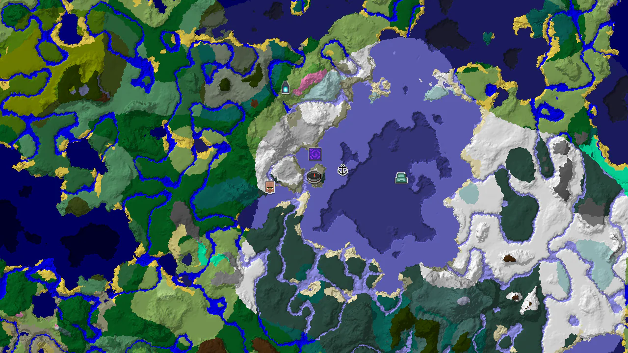 A top-down 2D biome map centered on the spawn point, marked with a red square, showing nearby structures like a village, ruined portal, and shipwreck.