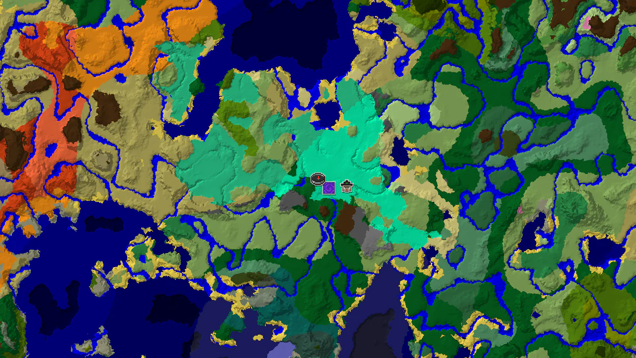 A 2D top-down biome map centered on spawn, showing swamp, forest, and plains with markers for a ruined portal and witch hut.