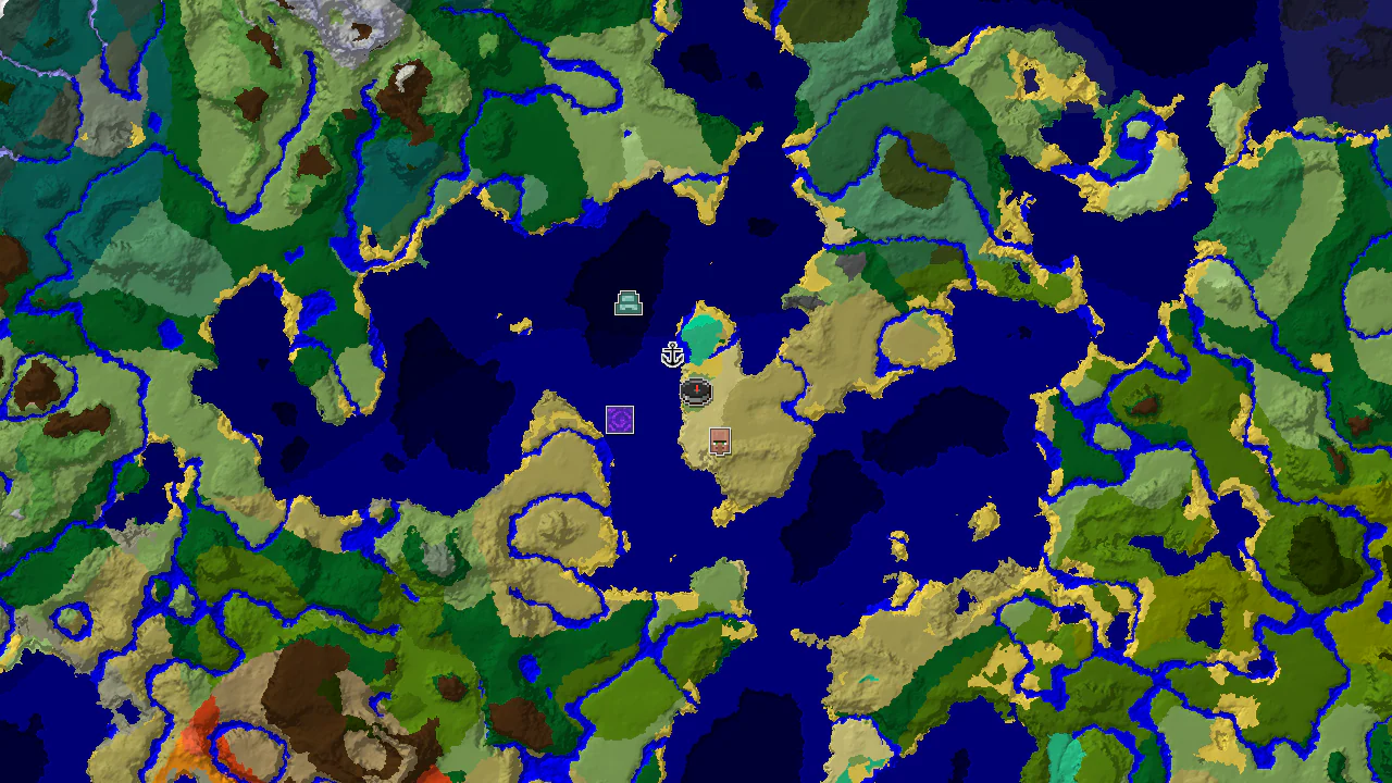 A 2D biome map centered on the spawn point, showing markers for an abandoned village, a shipwreck, and a ruined portal.