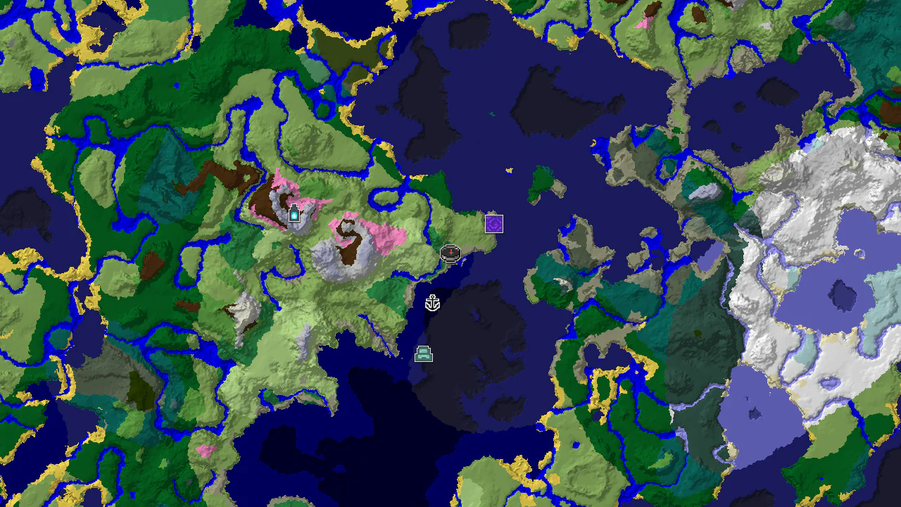 A top-down 2D biome map, centered on a Flower Forest spawn, shows a Ruined Portal to the east and a Shipwreck to the northwest.