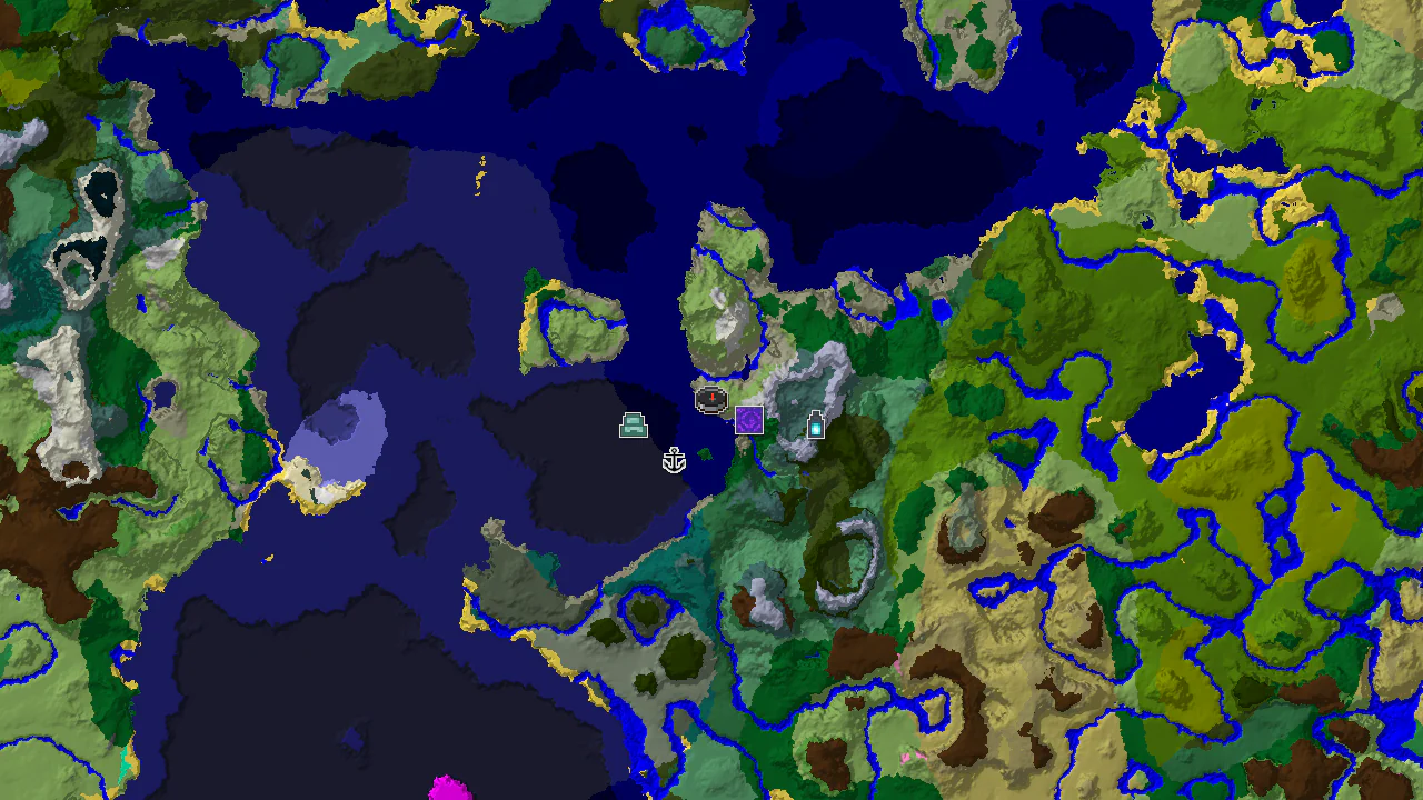A top-down 2D biome map centered on the spawn point, marked with a spawn icon, and showing nearby structures like a Ruined Portal, Shipwreck, and Ocean Monument.