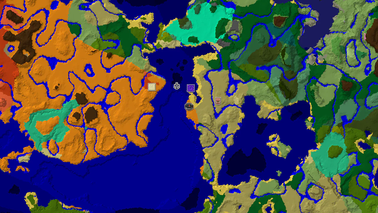 A top-down 2D biome map centered on spawn, showing desert, warm ocean, and savanna biomes, with markers for a ruined portal and a village.