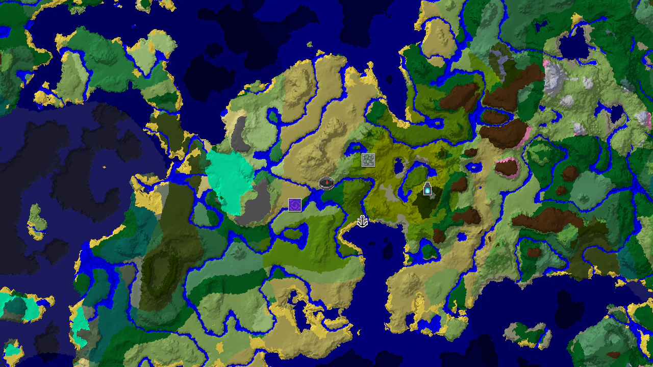 A top-down 2D biome map centered on spawn, showing plains, savanna, and jungle, with markers for a jungle temple, ruined portal, and ancient city.