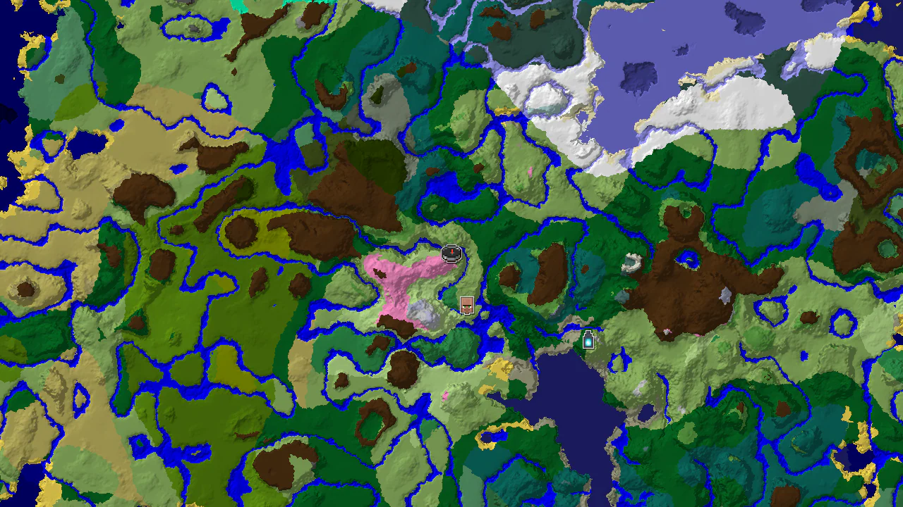 A 2D top-down biome map centered on spawn, showing a Plains spawn with nearby Cherry Grove, Forest, and River biomes, and markers for a village and an ancient city.