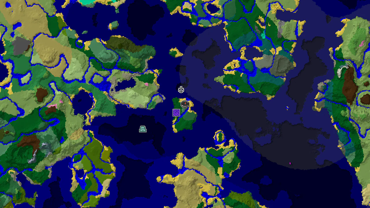 A top-down 2D biome map centered on the spawn point in an Old Growth Birch Forest, with markers for a nearby Ruined Portal and Shipwreck, and a distant Ocean Monument.