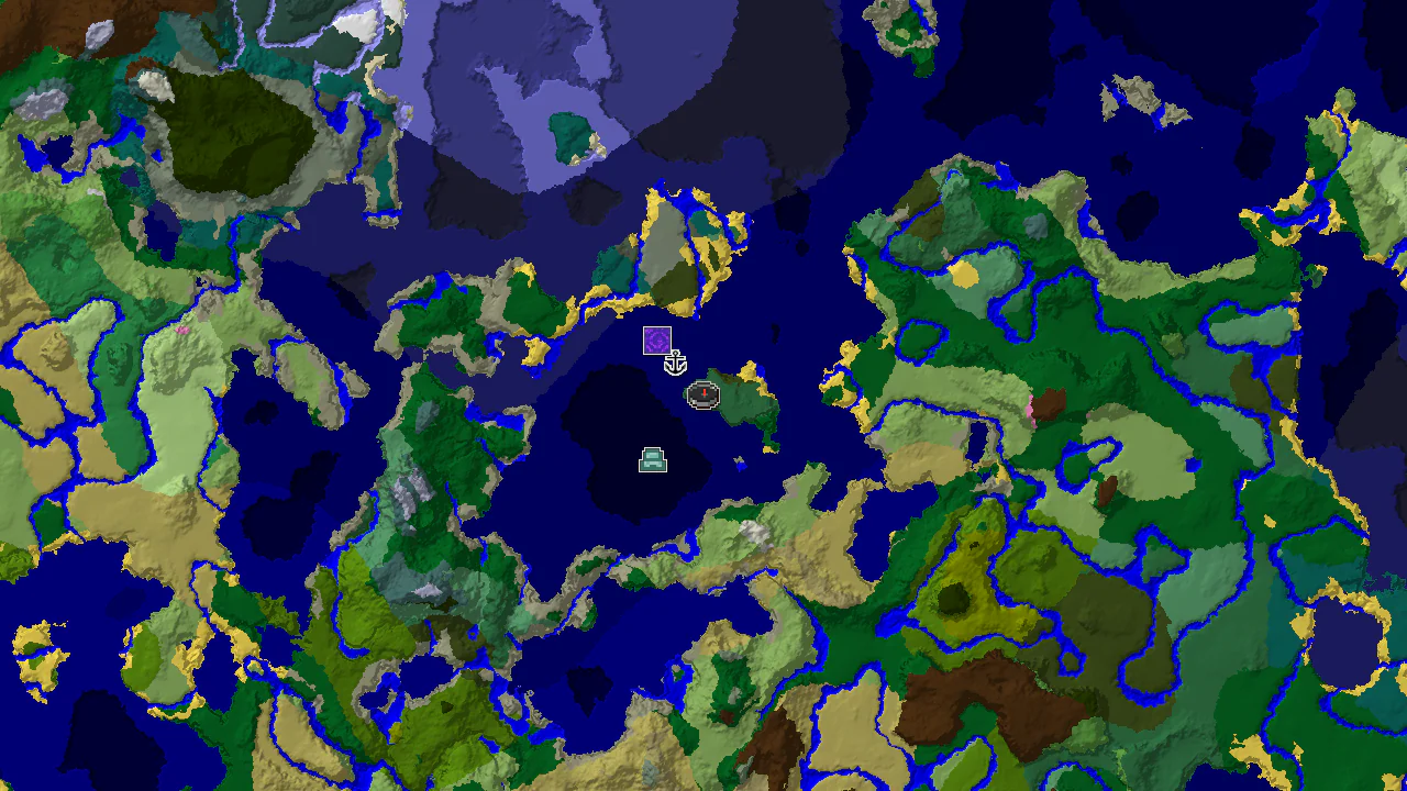 A 2D top-down biome map centered on the spawn point, with markers for nearby structures including a shipwreck, ruined portal, and ocean monument.