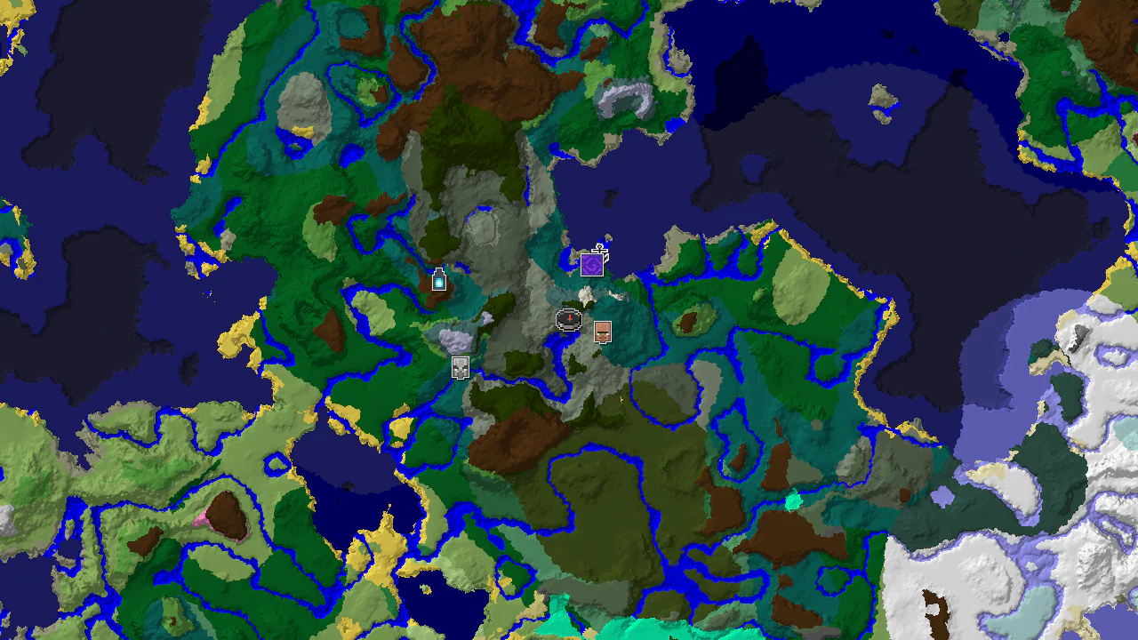 A top-down 2D biome map centered on spawn, showing an Old Growth Spruce Taiga start with nearby taiga, forest, and cold ocean biomes. Markers indicate a village, ruined portal, and shipwreck close to spawn.